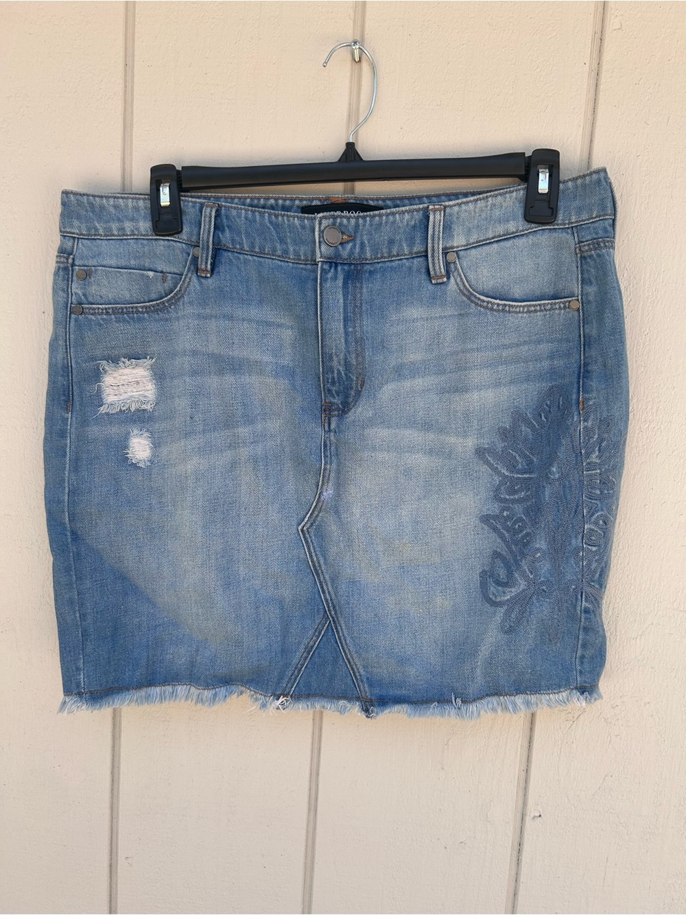 Liverpool Light Blue Embroidered Distressed Denim Mini Skirt Size 14
